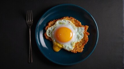 fried egg on a plate with fork on isolated black background