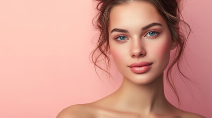 Naklejka premium Beauty image of a woman with natural makeup with empty copy space, Model, Beauty Advertising, with plain background