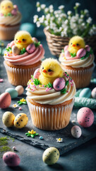 Oster-Cupcakes mit Kükenmotiv und Frühlingsdeko