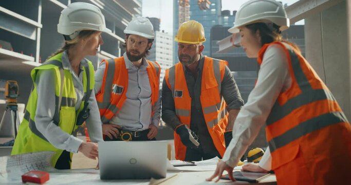 Portrait of Diverse Multiethnic Team of Construction Workers Having a Meeting Outdoors at a Building Site. Male and Female Infrastructure Company Crew Discussing Office Building Development Plans