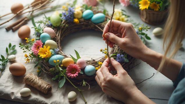 Handgefertigter Osterkranz mit bunten Eiern und Fr&uuml;hlingsblumen