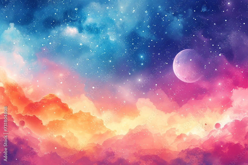 Poster a surreal watercolor celestial display featuring an array of colorful planets aligned, framed by a d