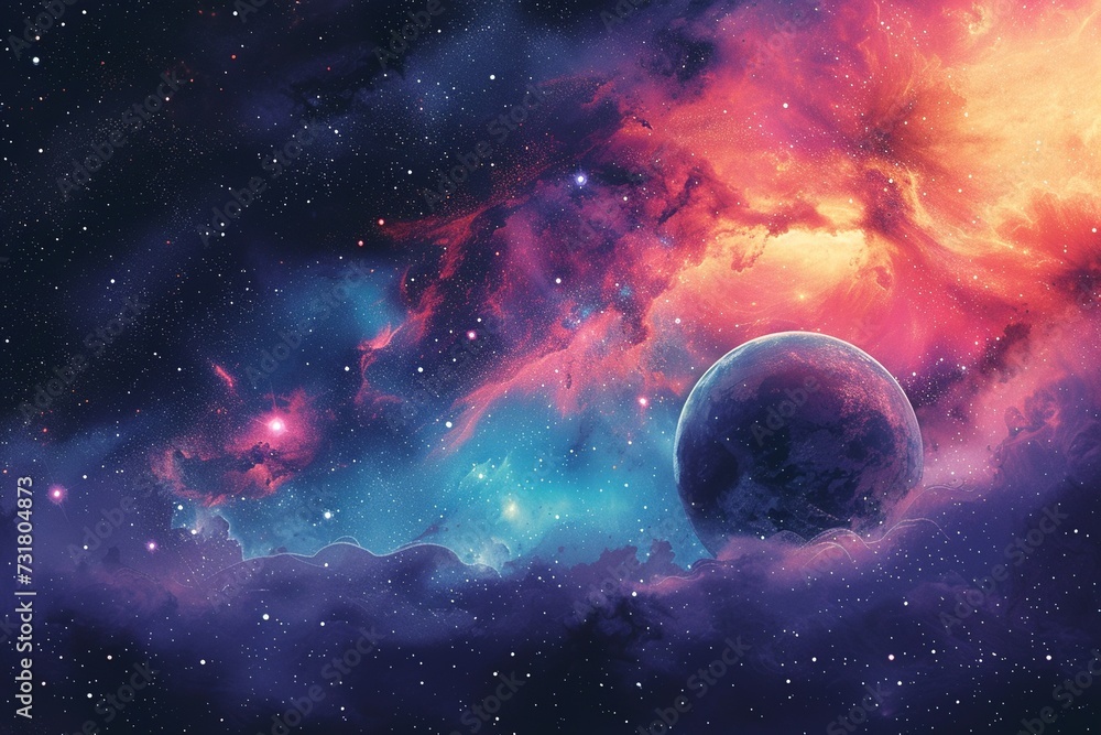 Aufkleber a surreal watercolor celestial display featuring an array of colorful planets aligned, framed by a d