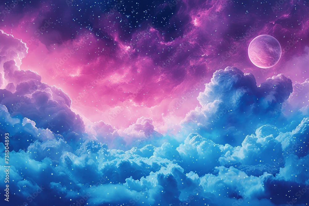 Poster a surreal watercolor celestial display featuring an array of colorful planets aligned, framed by a d