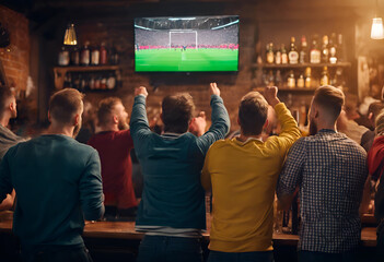 A group of football fans are watching the football championship on TV in a beer bar. Back view - obrazy, fototapety, plakaty