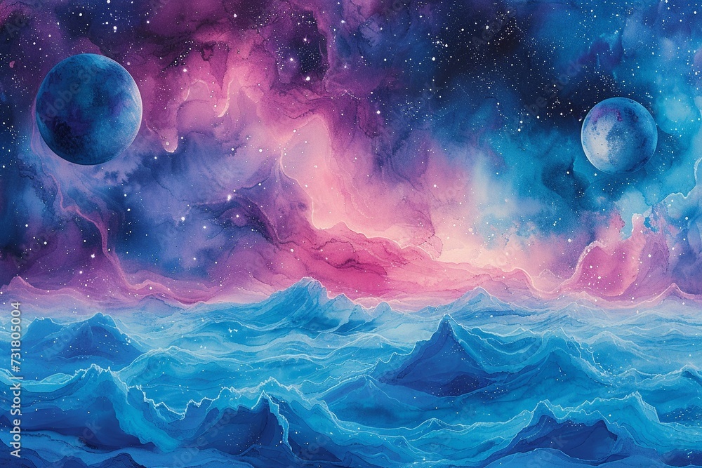 Aufkleber a surreal watercolor celestial display featuring an array of colorful planets aligned, framed by a d
