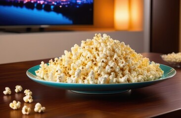 Food, popcorn. On a wooden table there is a full plate of fluffy white popcorn close-up against the background of a TV. A little scattered on the table.