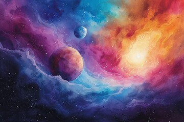 Obraz na płótnie Canvas A surreal watercolor celestial display featuring an array of colorful planets aligned, framed by a delicate nebula ribbon, perfect for wall art wallpaper