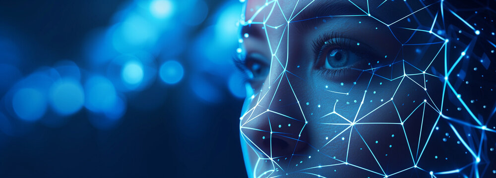 Female face intertwined with virtual data, data network
