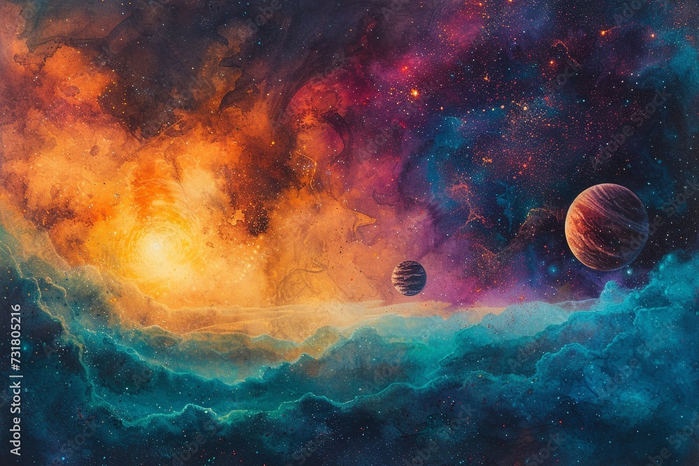Poster a surreal watercolor celestial display featuring an array of colorful planets aligned, framed by a d