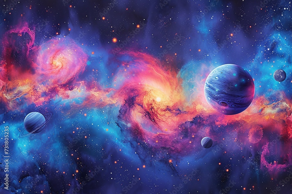 Poster a surreal watercolor celestial display featuring an array of colorful planets aligned, framed by a d