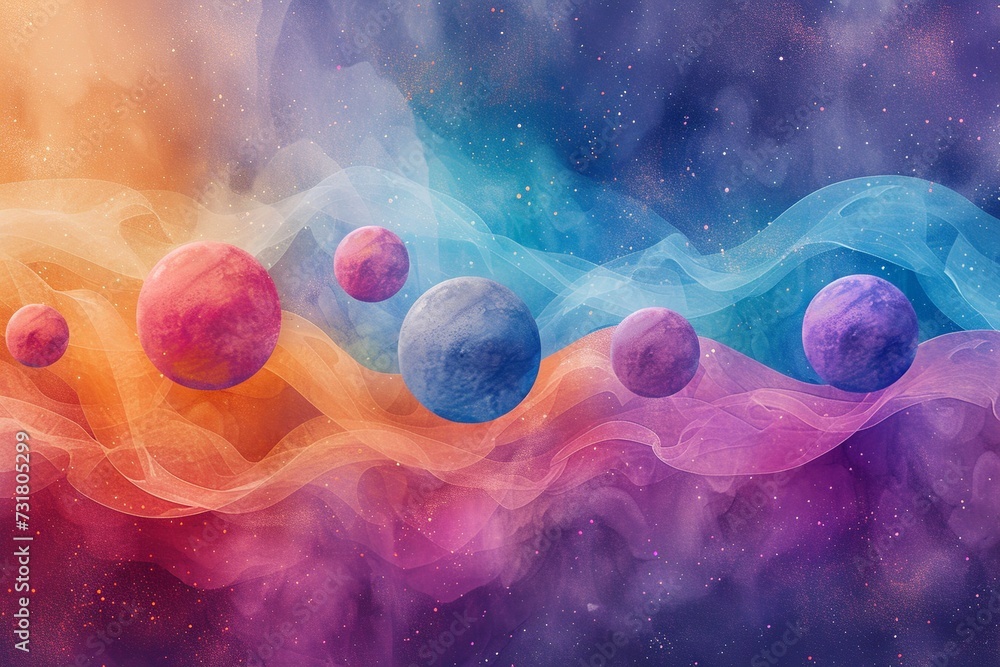 Poster a surreal watercolor celestial display featuring an array of colorful planets aligned, framed by a d