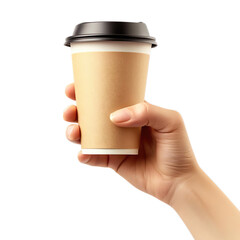 Female hand holding a coffee paper cup Isolated on transparent background.