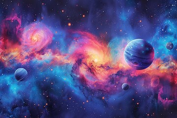 A surreal watercolor celestial display featuring an array of colorful planets aligned, framed by a delicate nebula ribbon, perfect for wall art wallpaper