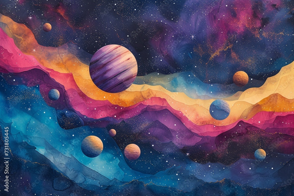 Poster a surreal watercolor celestial display featuring an array of colorful planets aligned, framed by a d