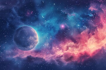 Obraz na płótnie Canvas A surreal watercolor celestial display featuring an array of colorful planets aligned, framed by a delicate nebula ribbon, perfect for wall art wallpaper