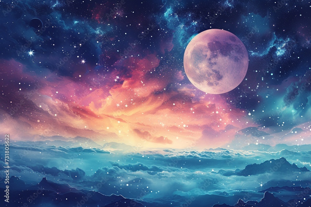 Poster a surreal watercolor celestial display featuring an array of colorful planets aligned, framed by a d