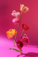 Fototapeta na wymiar stylish tulips and ranunculuses bouquette on a bold pink background