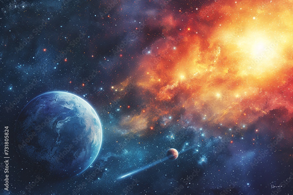 Aufkleber a surreal watercolor celestial display featuring an array of colorful planets aligned, framed by a d