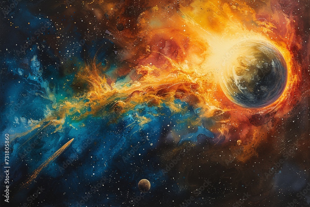 Aufkleber a surreal watercolor celestial display featuring an array of colorful planets aligned, framed by a d