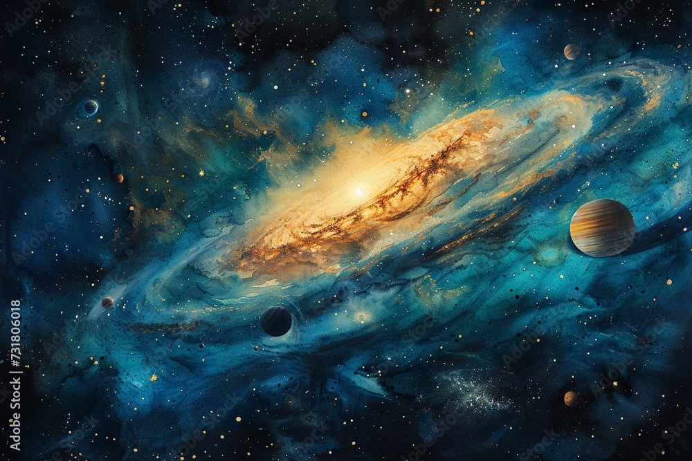 Aufkleber a surreal watercolor celestial display featuring an array of colorful planets aligned, framed by a d