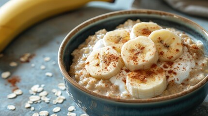 A classic bowl of oatmeal with a sprinkle of cinnamon, sliced bananas, and a dollop of yogurt