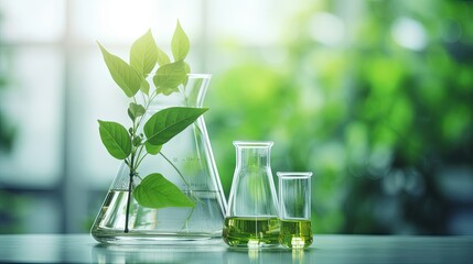 Science and nature concept, green laboratory with test tubes - obrazy, fototapety, plakaty
