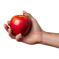 Side view of Men hand holding fresh red apple Isolated on transparent background.