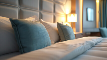 현대적인 호텔의 따스한 아침 조명이 비치는 침실