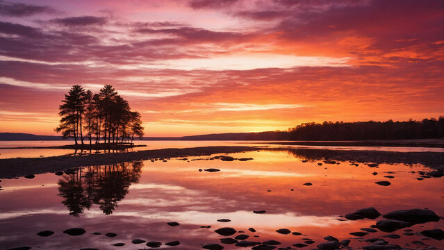 Tranquil silhouette of trees lining the shores of a glassy lake as the fiery hues of the setting sun paint the sky in a symphony of oranges, pinks, and purples