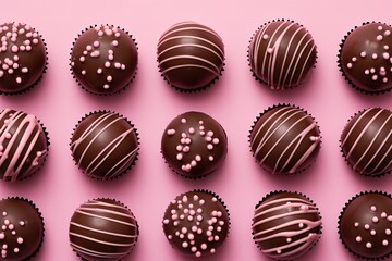various sweet and delicious chocolate preparations on a pink background