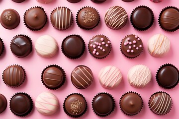 various sweet and delicious chocolate preparations on a pink background