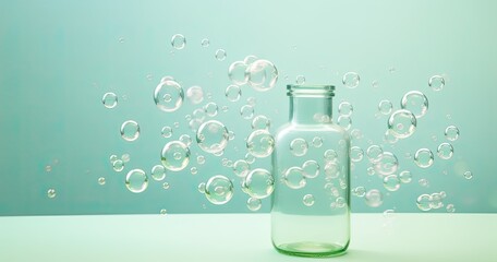 Empty glass water bottle surrounded by splash of bubbles on light gray background.
