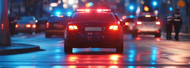 Police car on the road at night, responding with flashing lights