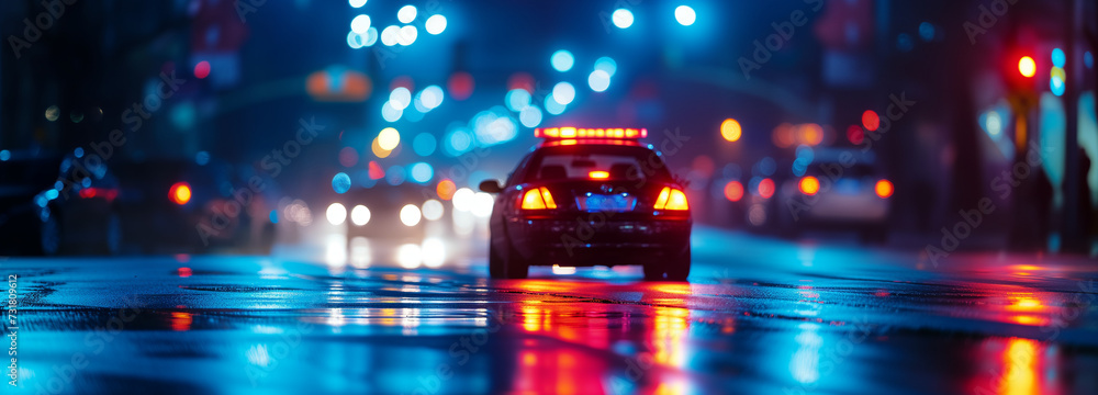 Canvas Prints Police car on the road at night, responding with flashing lights