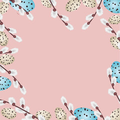 Easter holiday background. White willow and painted quail eggs on a pink background. Willow branches. Greeting card invitation. Vector cartoon illustration. Bright banner. Post for social network.