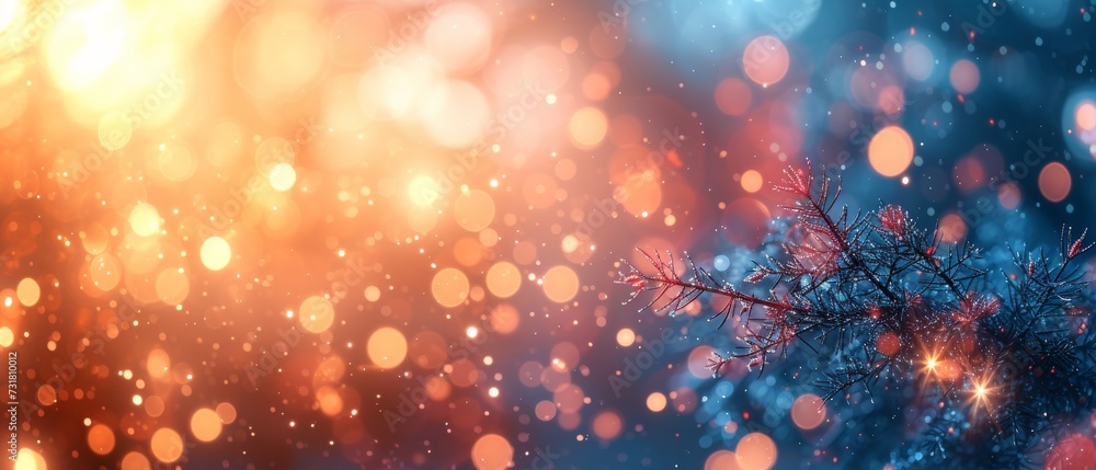 Poster tree branch with bokeh effect snow around it
