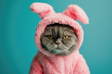 A gray cat with a stern expression dressed in a pink bunny costume. Easter celebration concept - obrazy, fototapety, plakaty