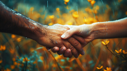 Trust in the Rain.
Two hands clasping in a handshake amidst a rainy, flowered meadow.
