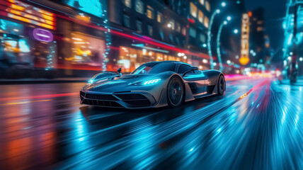 Fototapeta na wymiar Long exposure of speeding super car in the middle of highway of huge city, night lights, car light trails and blurred lights, speed motion blur background, super fast car, modern transport, luxury 