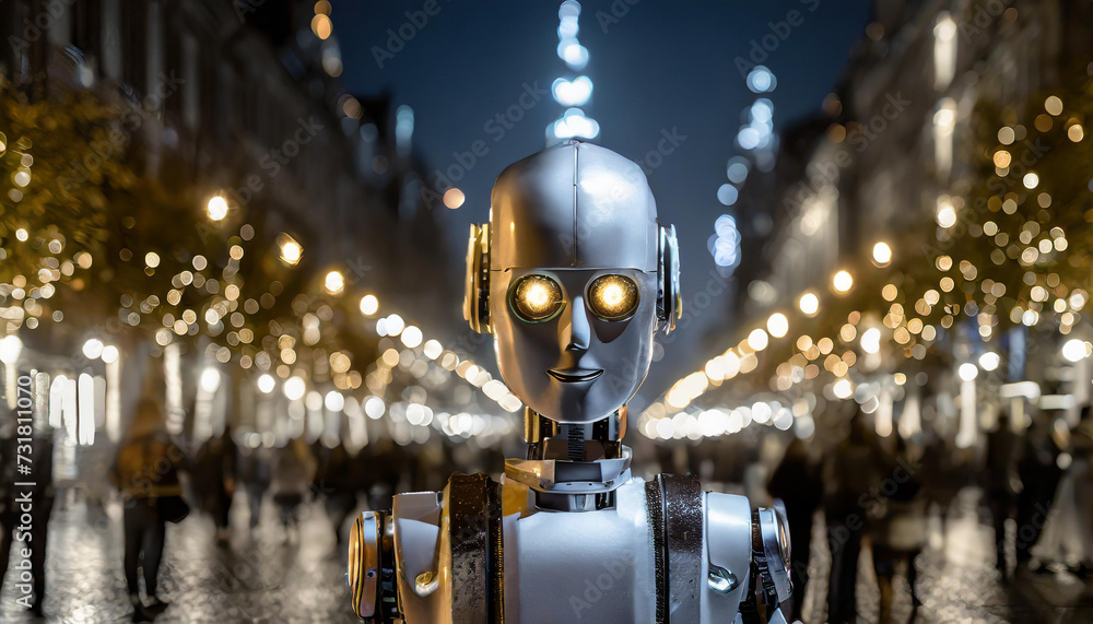 Poster competition in work between artificial intelligence and humans. the robots look at the line of peopl