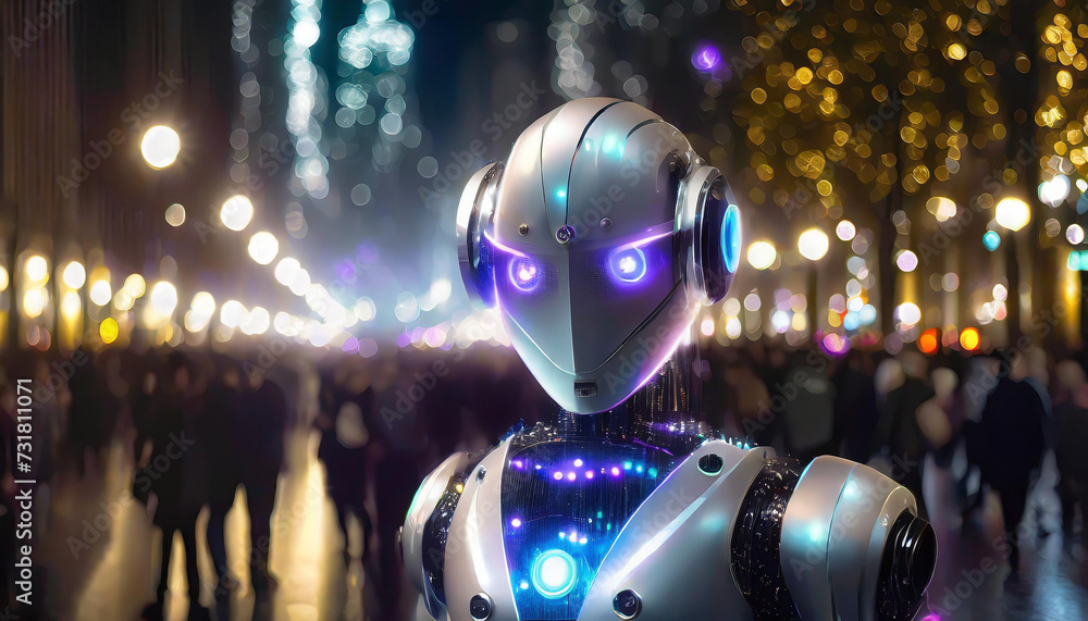 Poster competition in work between artificial intelligence and humans. the robots look at the line of peopl