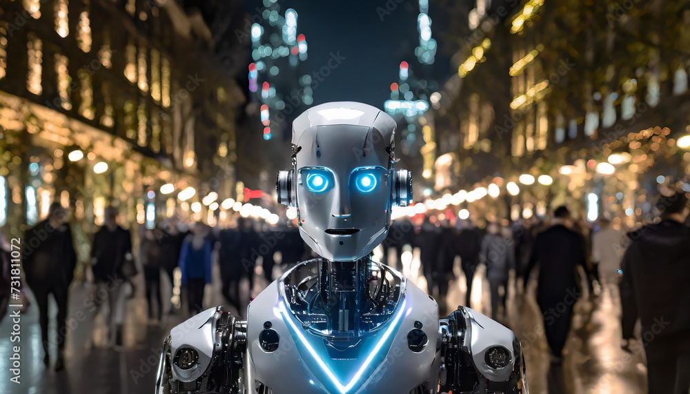 Poster competition in work between artificial intelligence and humans. the robots look at the line of peopl