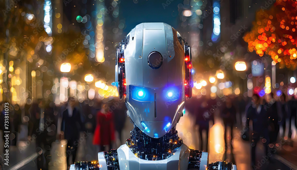 Poster competition in work between artificial intelligence and humans. the robots look at the line of peopl