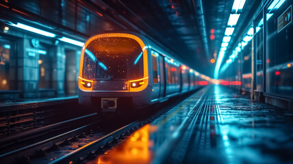 Fototapeta premium Long exposure of speeding modern train in the railway station of huge city, light trails and blurred lights speed train blur background.