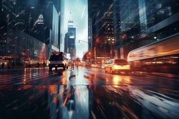 Fototapeta premium The blurred background of the night city, cars driving along the road, illuminated buildings and skyscrapers