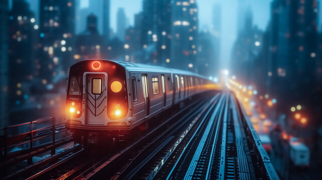 Cinematic image of subway outside run in the huge city from one station to another, aerial view of train through huge skyscrapers, cars and the city. Above the skyline, evening view.