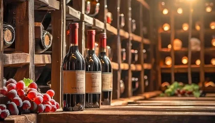Fotobehang Blur wine bottles on liquor alcohol shelves in supermarket store background. , Copyspace © netsay