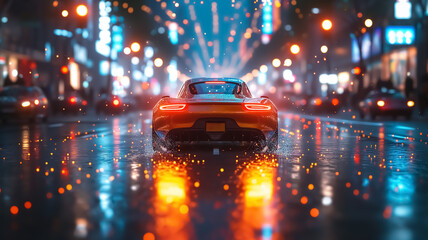 Long exposure of speeding super car in the middle of highway of huge city, night lights, car light trails and blurred lights, speed motion blur background, super fast car, modern transport, luxury 