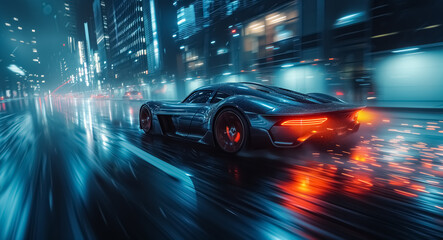 Fototapeta premium Long exposure of speeding super car in the middle of highway of huge city, night lights, car light trails and blurred lights, speed motion blur background, super fast car, modern transport, luxury 